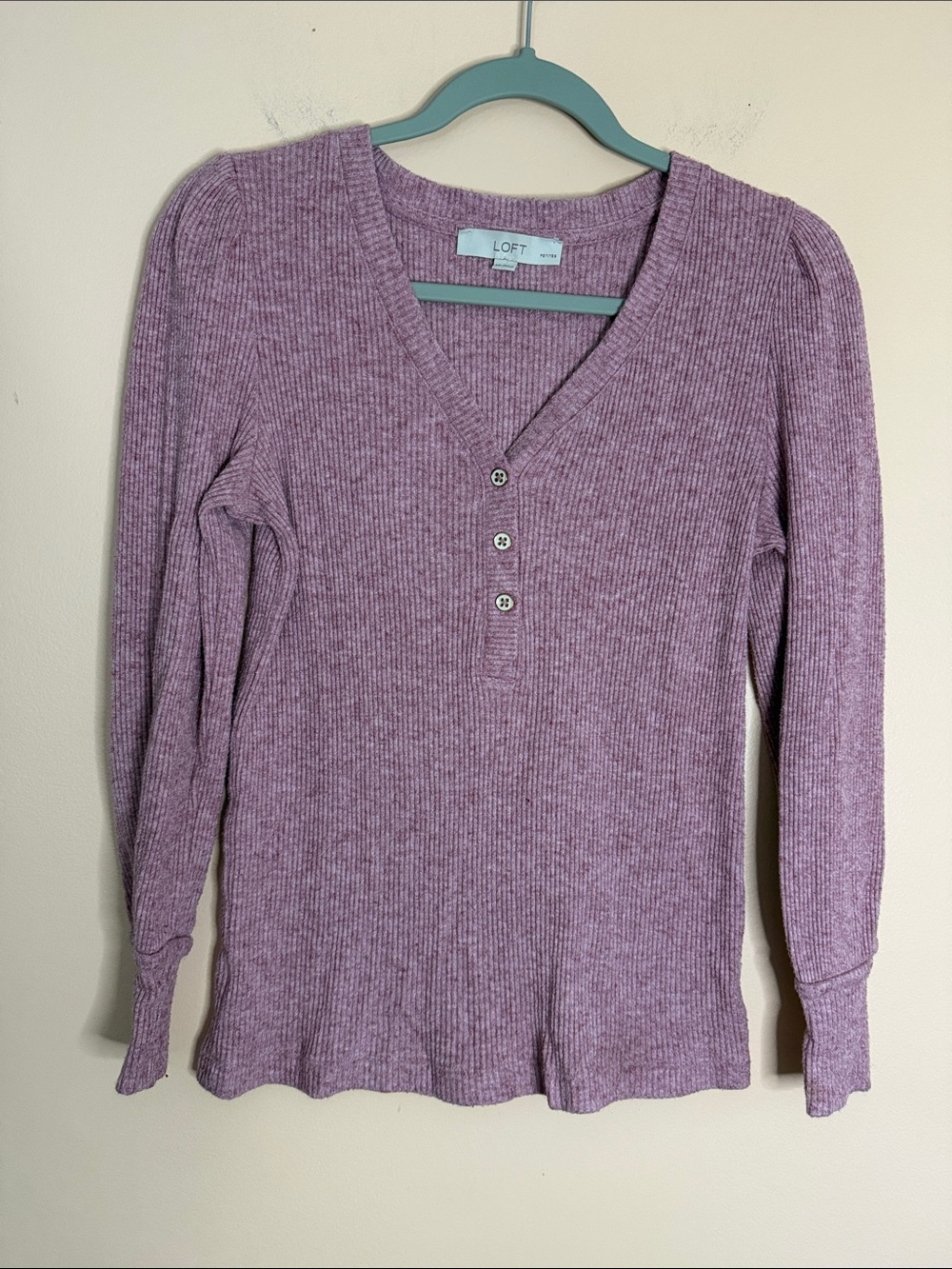 LOFT Lavender Ribbed Henley Long Sleeve Top